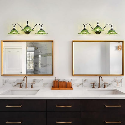 Vintage Bathroom Vanity Light Fixtures - 3 Light Antique Matte Black Bathroom Lights Fixture Over Mirror with Green Flower Glass,Retro High End Wall Mounted Vanity Lighting for Bath Powder Room