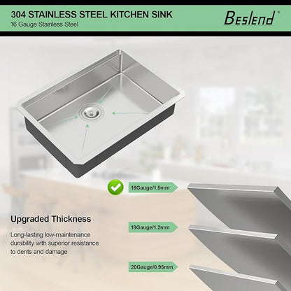 25 Inch Undermount Kitchen Sink - Beslend ADA 6 Inch Depth 25x18 Undermount Worksation Sinks Under Counter Stainless Steel 16 Gauge Mobility Friendly Sink for Wheelchair Accessible Kitchen