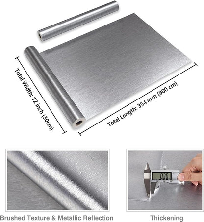 CRE8TIVE Brushed Silver Stainless Steel Contact Paper Peel and Stick Metallic Wallpaper for Kitchen 12"x354" Removable Self Adhesive Silver Contact Paper for Cabinets Waterproof Vinyl Backsplash Walls
