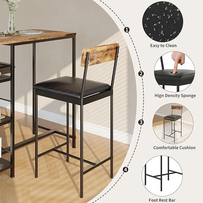 3-Piece Modern Dining Set, Dining Table Set with 2 Upholstered Bar Stools,Bar Table Set w/ Metal Frame&Built-in Wine Rack for Kitchen Dining Room Apartment Breakfast Nook 36"Lx 16.7"W x 37.2"H Retro