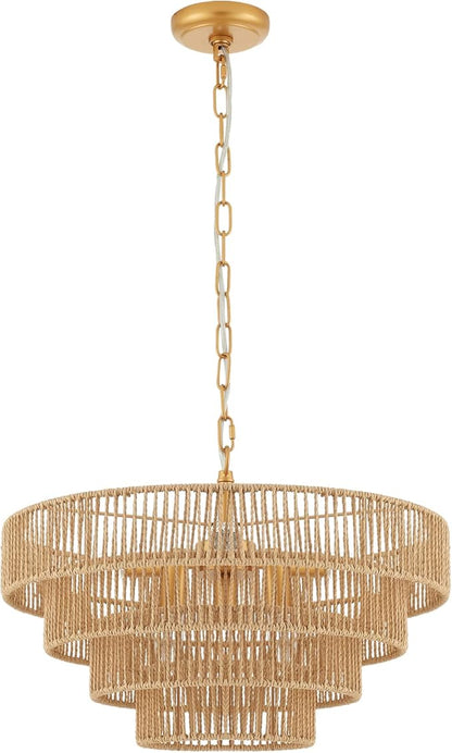 6-Lights Hand-Woven Rattan Pendant Light 4 Round Transitional Minimalist Boho Large Pendant Light for Kitchen Island Dining Room Living Room Hallway, Dia 20 Inch, UL Listed