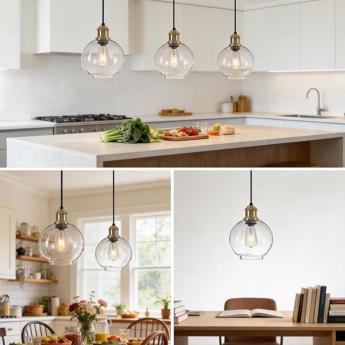 Modern Globe Pendant Light, 8 Inch Clear Glass Hanging Lamp with Brushed Gold Finish, Adjustable Cord Ceiling Fixture for Kitchen Island Dining Room Sink, E26 Base