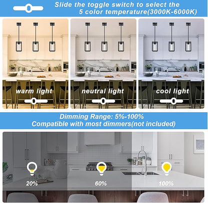 MELUCEE Modern Led Pendant Light Fixture 5 Color Temperature Adjustable, 3 Pack 15W LED Bubble Crystal Pendant Lights Kitchen Island, Black Dining Room Light Fixtures Adjustable Height, 3000-6000K