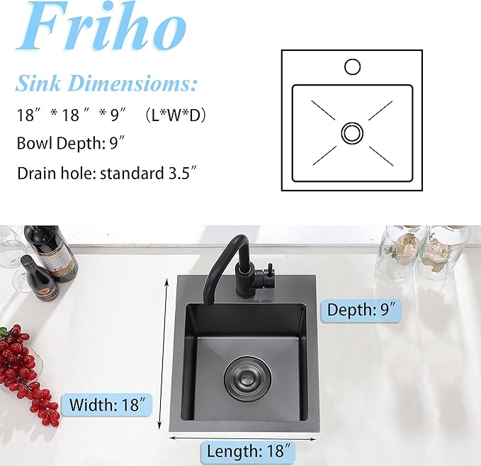 Friho Drop-in Black Bar Sink, 18"x 18" Inch Small Kitchen Sink, Stainless Steel Handmade Single Bowl Topmount RV Kitchen Sinks With Basket Strainer