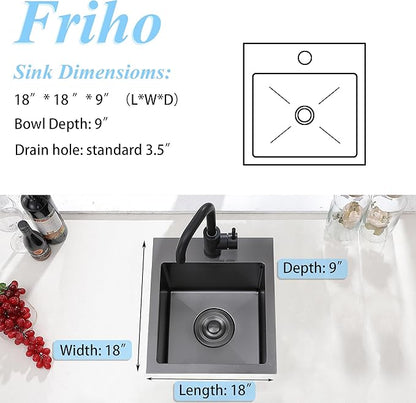 Friho Drop-in Black Bar Sink, 18"x 18" Inch Small Kitchen Sink, Stainless Steel Handmade Single Bowl Topmount RV Kitchen Sinks With Basket Strainer