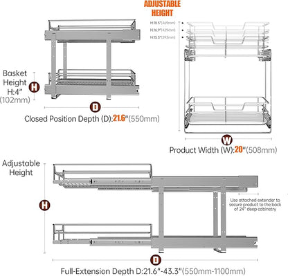 JOWBOOW 2-Tier Cabinet Pull Out Shelves (20" W x 22" D), Slide Out Shelves for Kitchen Cabinets, Metal Pots and Pans Organizer for Under Cabinet