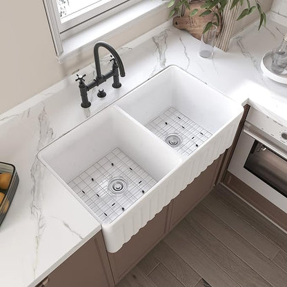 HOROW HRSW Farmhouse Kitchen Sink, 33-inch Double Bowl Sink with Bottom Grid and Strainer,Large Apron-front Ceramic Porcelain Sink Basin, 18"D x 33"W x 10"H, White