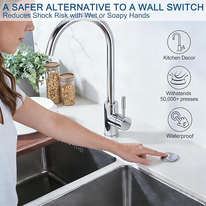 BESTILL Garbage Disposal Air Switch Kit - All Metal, UL Listed Long Push Button for Waste Disposer, Single Outlet Sink Top Solid Brass Air On/Off Button, Polished Chrome