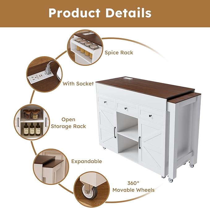 74.8" Kitchen Island with Extendable Dining Table & Power Outlet - Rolling Storage Cart on Wheels with 3 Drawers & 2 Door Cabinet for Dining Room