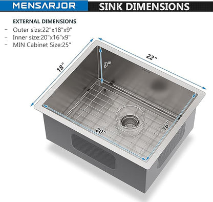 MENSARJOR 22 x 18 Inch Undermount Sink, 16 Gauge Stainless Steel, Handmade for Kitchen, Bar, or Outdoor Use
