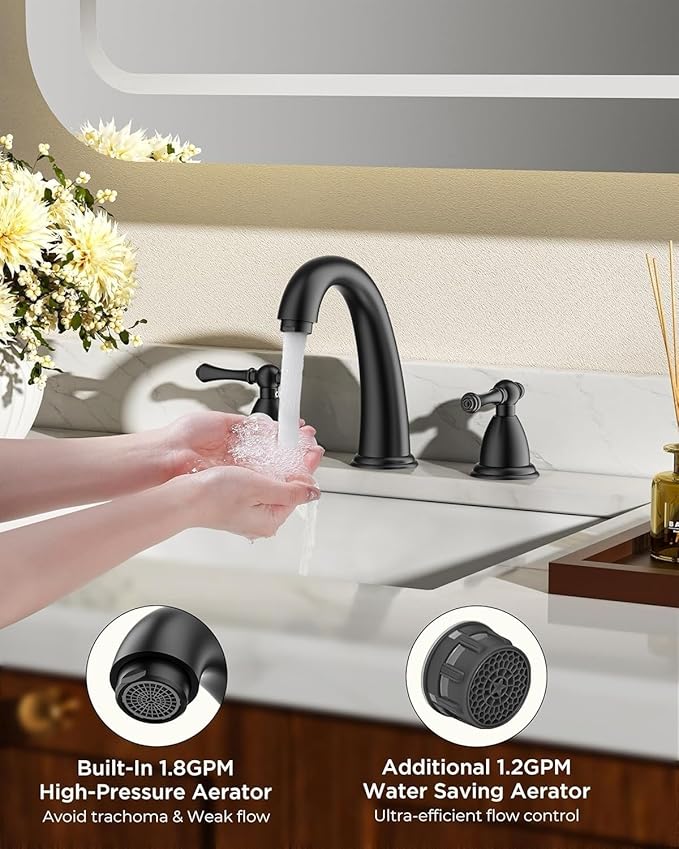 FORIOUS Black Bathroom Sink Faucet 8 Inch, Widespread Bathroom Faucet 3 Hole with Pop Up Drain and Water Hose Supply, 2 Lever Handle Design,for Vanity RV Farmhouse Sink