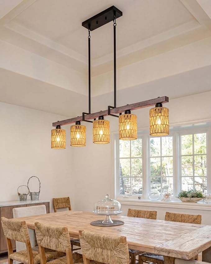 5-Light harmhouse Kitchen Island Light Fixture, Linear Chandelier for Dining Room, 5-Light Rustic Pendant Light Over Table, Handmade Woven Farmhouse Wicker Chandelier