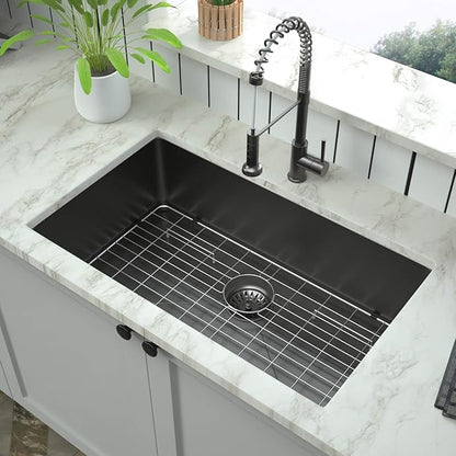 Mocoloo 33 Black Undermount Kitchen Sink 33x19 Gunmetal Black 16 Gauge Stainless Steel Deep Round Corner Under Counter Single Bowl Kitchen Sinks Handmade Basin
