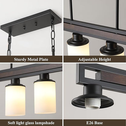 Farmhouse Dining Room Light Fixture, 4-Light Wood Kitchen Island Lighting for Dining Room Over Table, Black Adjustable Pendant Light with Milk Glass Shades, Linear Chandeliers Lighting for Kitchen