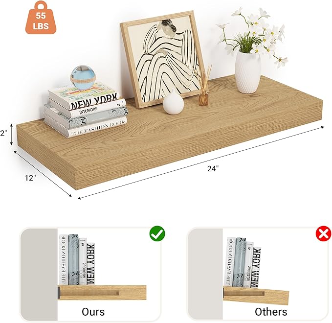 Heimlove 24 x 12 Inch Deep Floating Shelves Wall Mounted with Invisible Brackets,Storage Hanging Shelf for Wall Decor in Bathroom, Bedroom, Toilet, Kitchen, Living Room, Office Set of 1 (Oak)