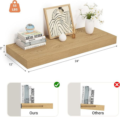 Heimlove 24 x 12 Inch Deep Floating Shelves Wall Mounted with Invisible Brackets,Storage Hanging Shelf for Wall Decor in Bathroom, Bedroom, Toilet, Kitchen, Living Room, Office Set of 1 (Oak)
