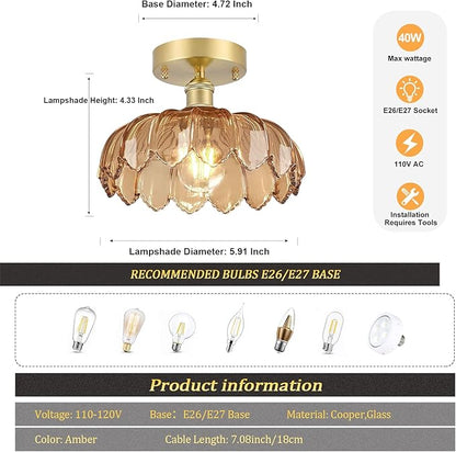 Shenmoyl Semi Flush Mount Gold Vintage Lights Fixture with Amber Peony Glass, Bulb Included, 4.72" Base Modern Ceiling Light for Kitchen Bedroom