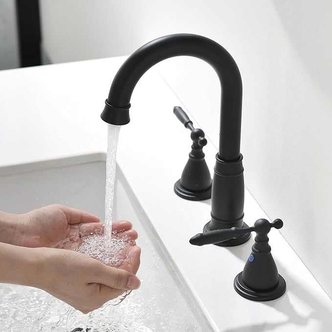 Black Widespread Bathroom Faucet 3 Holes - 8In Two Handles faucets for Bathroom Sink | Vintage Antique Lavatory Vanity Sink Faucets with Pop-up Drain Assembly & Supply Lines Matte Black