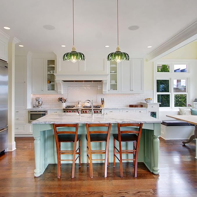 Glass Pendant Lights Kitchen Island, Vintage Pendant Light Fixtures Green Dining Room Light Fixtures Over Table, Pendant Lighting for Kitchen Island, Schoolhouse, Entryway, Foyer, E26