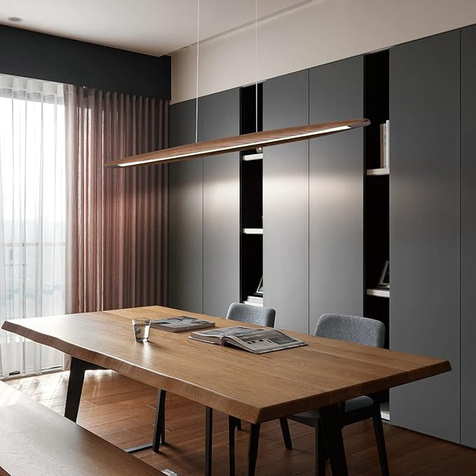 YISDESIGN Wood Linear Pendant Hanging Light Fixture Minimalist Light Linear Chandelier Wood Kitchen Island Lighting 40w Dimmable for Dining Room Dining Table Living Room Pool Table Walnut Color