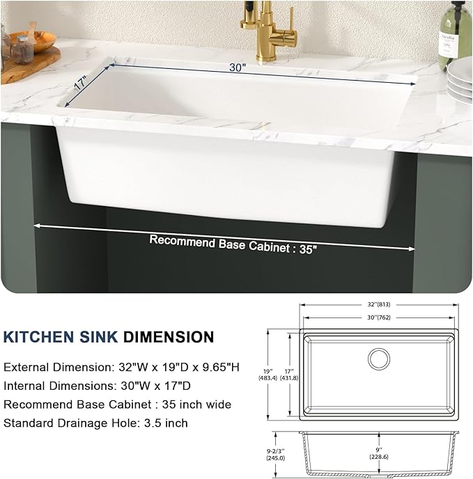 Lordear 32 Inch White Kitchen Sink Granite Composite Undermount Kitchen Sink Workstation 32x19 White Quartz Sinks Under Counter Single Bowl with Classic Gold Accessories