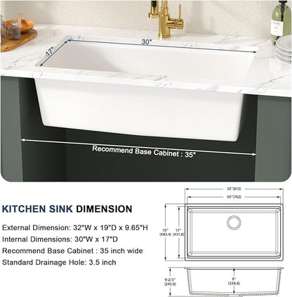 Lordear 32 Inch White Kitchen Sink Granite Composite Undermount Kitchen Sink Workstation 32x19 White Quartz Sinks Under Counter Single Bowl with Classic Gold Accessories