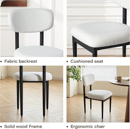Casaphoria Upholstered Dining Chairs Set of 2, Mid-Century Modern Kitchen Chairs with Solid Wood Legs & Thick Cushion, Ergonomic Fabric Accent Chairs for Dining Room, Vanity & Office, White and Black