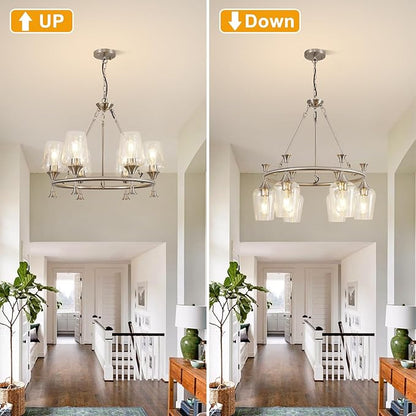 25" Farmhouse Chandelier, 6-Light Brushed Nickel Chandeliers for Dining Room Light Fixtures Over Table, Modern Industrial Hanging Lighting with Clear Glass Shade for Living Room, Kitchen Island, Foyer