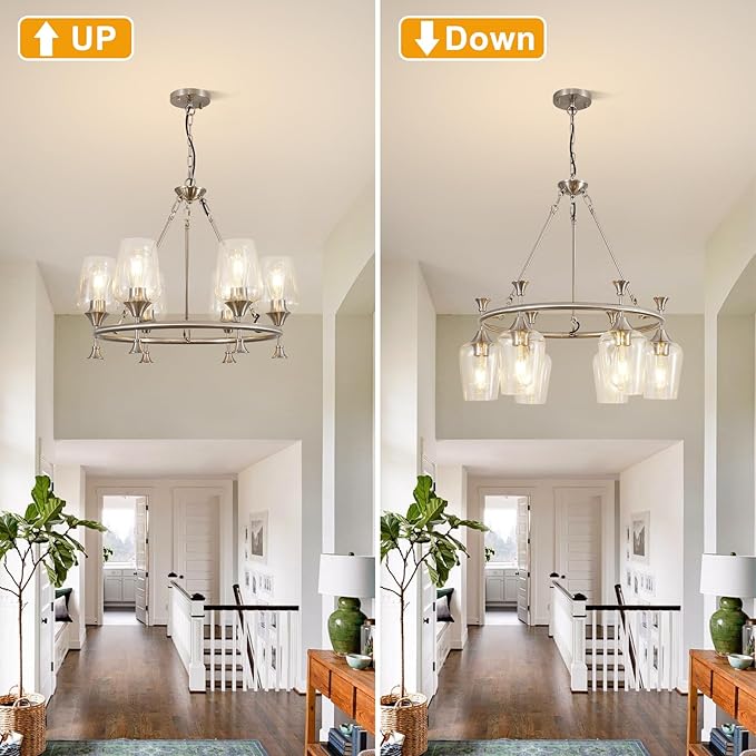 Modern Chandelier for Dining Room (25inch, 6-Light), Brushed Nickel Dining Room Light Fixture Over Table with Clear Glass Shade, Industrial Hanging Pendant Lights Fixture for Kitchen Island Entryway