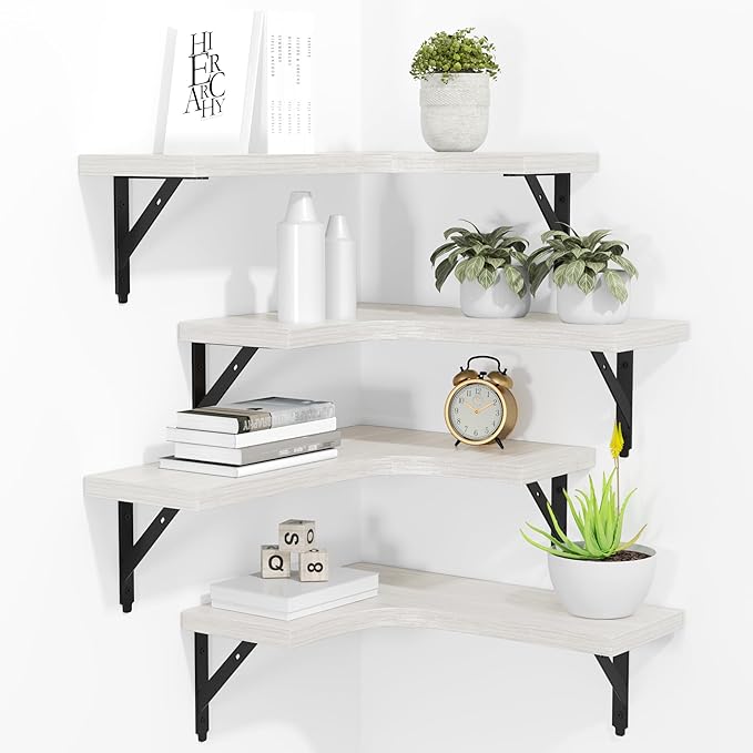 ROMGUAR CRAFT Corner Floating Shelves Wall Mounted Set of 4, Rustic Wood Storage Display Wall Shelves for Home Decor, Bathroom, Kitchen, Bedroom, Living Room, Office (White)