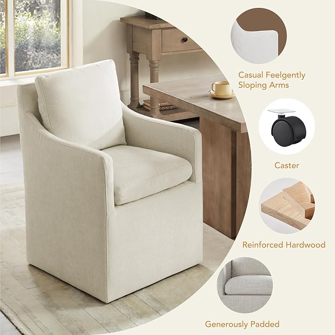 KISLOT Upholstered Dining Chairs with Casters, No Assembly Modern Accent Armchair with Rollers for Dining Room, Bedroom, Living Room, Reading Room, Already Assembled, Beige, 2 Box