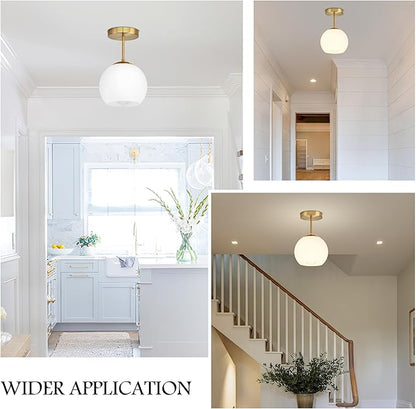 Bagood Gold Semi Flush Mount Ceiling Light Fixture Milk Glass Light Fixture Mid Century Flush Mount Ceiling Lights Brass Flush Mount Ceiling Schoolhouse Lights for Dining Room(Bulb Incl.)