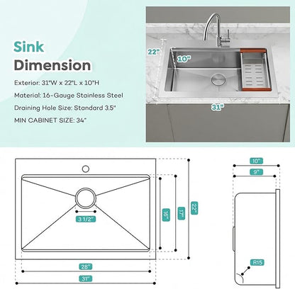 Rhbamoa Drop In Kitchen Sink 31 Inch,16 Gauge T304 Stainless Steel Drop In Kitchen Sinks,Single Bowl Workstation Sink,10 Inch Deep Topmount Sinks with All Accessories