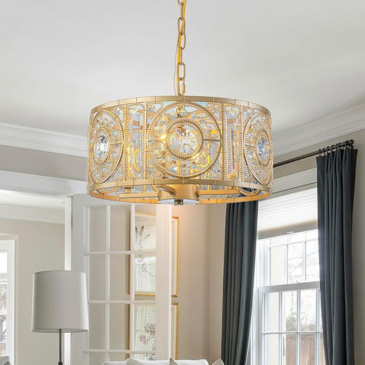 Vintage Crystal Round Chandelier 14.17" Gold Dining Room Chandelier Over Table 4-Lights Classic Drum Pendant Light Fixture for Living Room Kitchen Island Entryway.