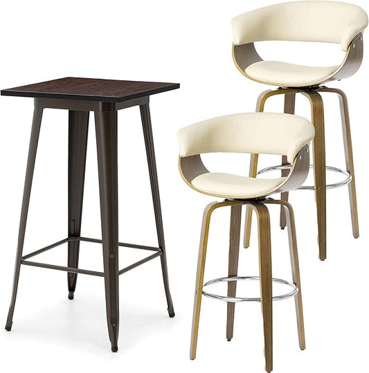 Glitzhome Bar Table and Chairs, Cream PU Leather Adjustable Swivel Bar Stools Set of 2, Square Rustic Cocktail Pub Table for Kitchen Island Bistro Office Living Room Dining Room Small Space
