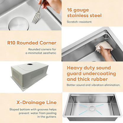 Undermount Kitchen Sink,16 Gauge T-304S Stainless Steel Workstation Sink with Accessories, 28" x 18" x 10" Deep Single Bowl Kitchen Sink for Kitchen,Outdoor and Bathroom