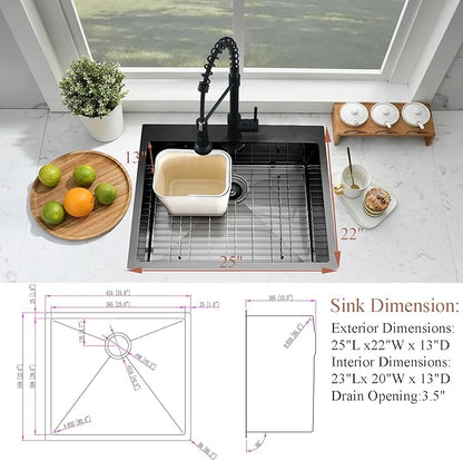 25 Inch Black Drop In Laundry Sink-Bokaiya 25x22 Stainless Steel Drop In Kitchen Sink with Faucet Combo Laundry Room Utility Sinks 16 Gauge Single Bowl 13" Deep Kitchen Sink