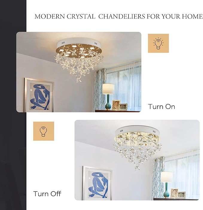 9-Lights Modern Chandelier K9 Crystal Lighting Fixture,20 Inch Round Stainless Steel Flush Mount Ceiling Lights for Bedroom Foyer Hallway Dining Room,GU10 Bulbs Include
