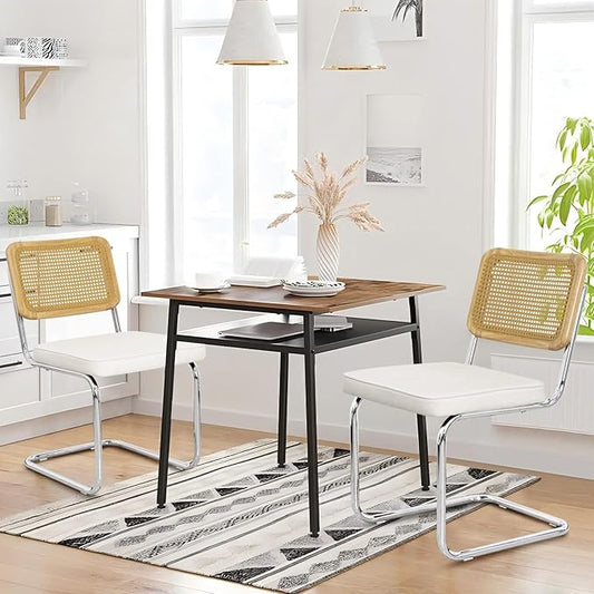 Velvet Upholstered Dining Chair Set of 2 Modern Breuer Designed Rattan Back Stainless Chrome Base Armless Dining Chairs for Kitchen Island, Restaurant,Apartment(White)