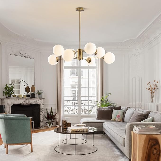 BOKT 8-Lights Large Gold Globe Chandelier Mid Century Modern Sputnik Light Fixture Brushed Brass Chandelier Ceiling Light White Glass Ball Sputnik Pendant Light