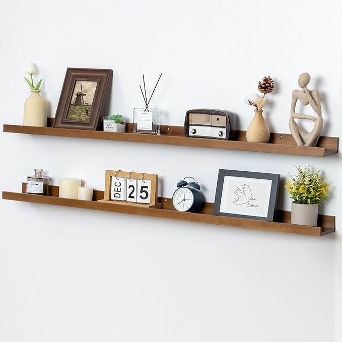 FLYJOE Picture Ledge Shelf, Floating Shelves Set of 2, Solid Ash Wood 48'' Long Large Nursery Book Shelves for Toys Storage, Kids Bookshelf for Living Room Bedroom Decor Books Photo Frames, Walnut