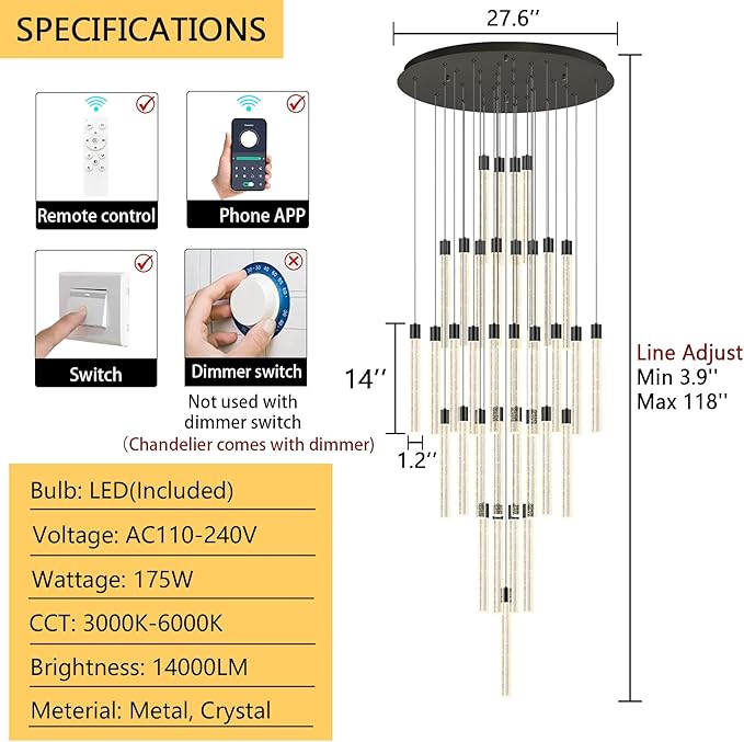 35-Light Long Large Modern Led Crystal Chandeliers Modern Spiral Chandeliers High Ceilings Chandelier for Staircase Foyer Black