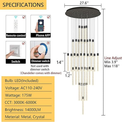 35-Light Long Large Modern Led Crystal Chandeliers Modern Spiral Chandeliers High Ceilings Chandelier for Staircase Foyer Black