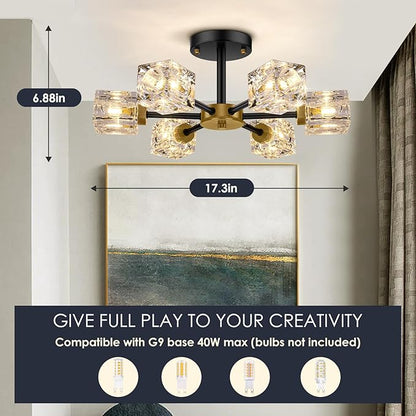 Black Modern Chandelier, 6-Light Crystal Semi Flush Mount Ceiling Light Fixture, 17.3" Farmhouse Kitchen Pendant Light with Cube Shade, Industrial Sputnik Chandeliers for Dining Room, Bedroom