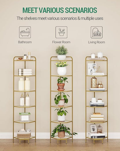 Hzuaneri Corner Shelf Stand, 6-Tier Glass Bookshelf Bookcase, Bathroom Organizer, Plant Stand, Steel Frame, Tempered Glass, Modern Style for Living Room, Bathroom, Kitchen, Golden CS90600G