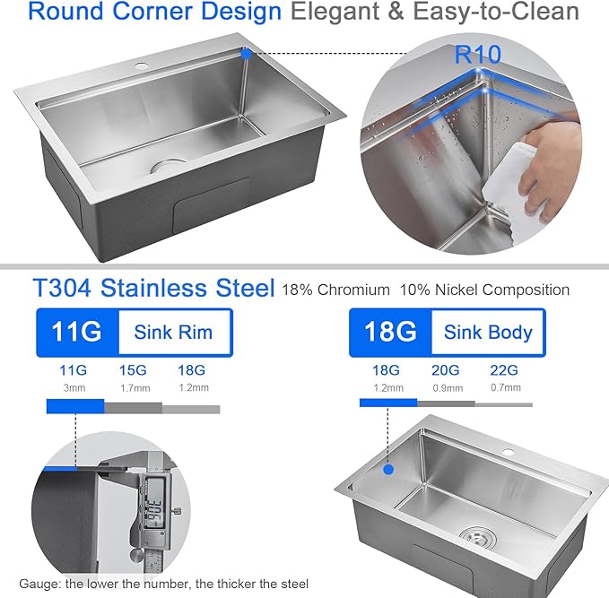 MENATT 25 x 18 Inch Drop in Workstation Kitchen Sink, 25 Inch Single Bowl Handmade Topmount Kitchen Sink, 18 Gauge Stainless Steel 9'' Deep Kitchen Workstation Sink with Cutting Board& Strainer
