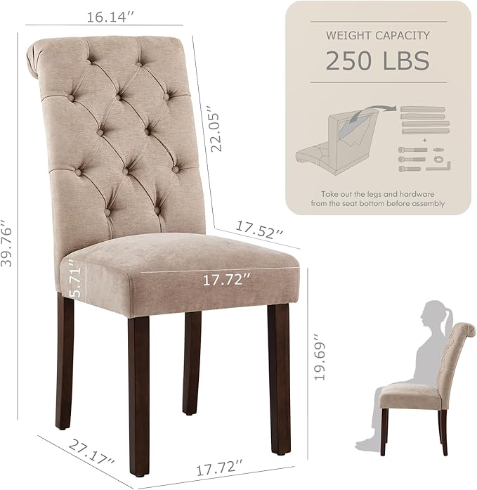 Tufted Dining Chairs Set of 2, Upholstered Parsons Dining Room Chairs, Fabric Kitchen Side Chair with Wood Legs, Taupe