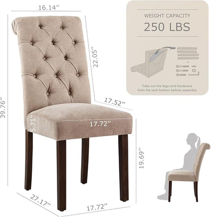 Tufted Dining Chairs Set of 2, Upholstered Parsons Dining Room Chairs, Fabric Kitchen Side Chair with Wood Legs, Taupe