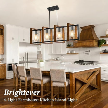 4 Lights Dining Room Light Fixture, Farmhouse Kitchen Island Lighting Wood and Black Metal Rectangular Hanging Chandelier for Ceiling Living Room, Modern Rustic Pendant Lighting Fixture Over Table