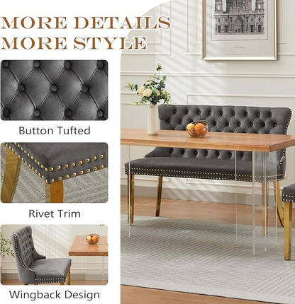 45.6in Upholstered Dining Bench, Mid-Century Modern Kitchen Room Bench with Tufted Back and Metal Legs, Velvet Small Sofa Couch Bench, Grey Gold